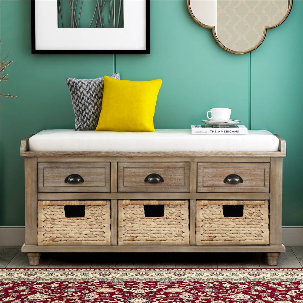 

TREXM 42.1" Rustic Style Storage Bench with 3 Drawers, 3 Rattan Baskets, and Removable Cushion, for Entrance, Hallway, Bedroom, Living Room - White Washed
