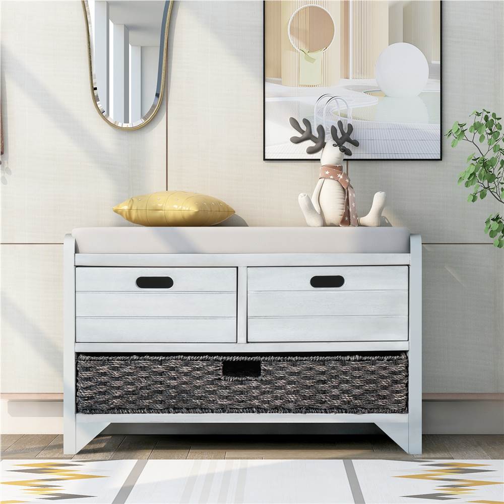 

TREXM 32" Linen Blend Storage Bench with Removable Basket and 2 Drawers, for Entrance, Hallway, Bedroom - Light Gray