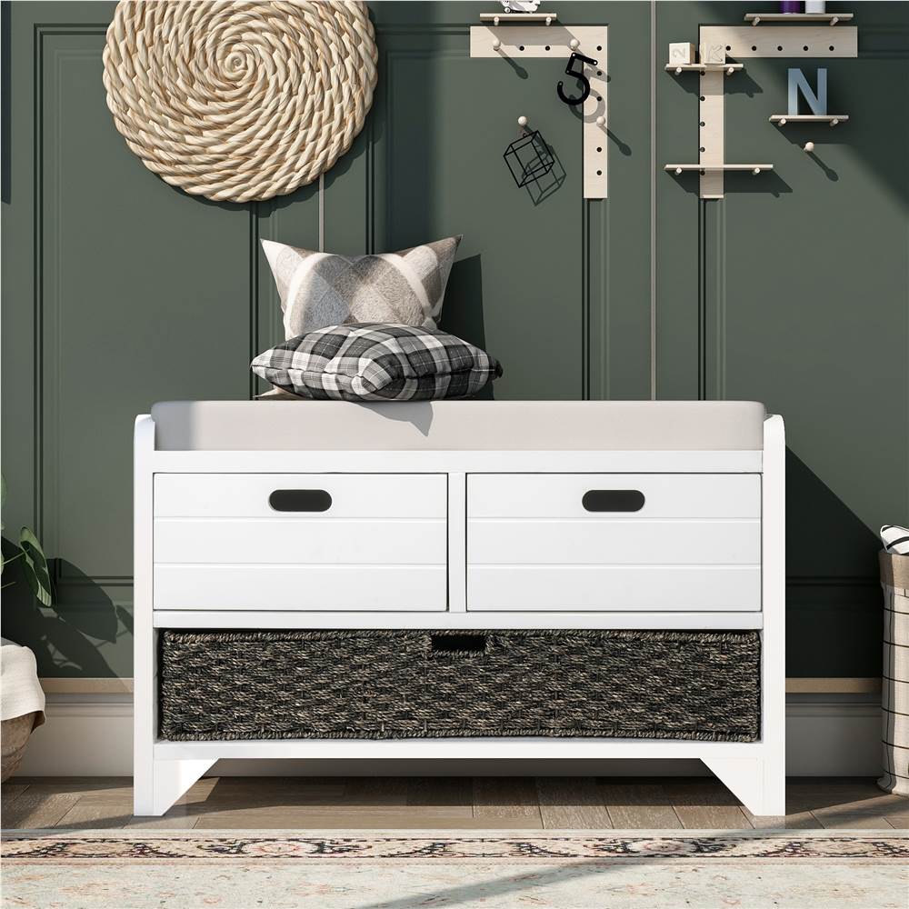 

TREXM 32" Linen Blend Storage Bench with Removable Basket and 2 Drawers, for Entrance, Hallway, Bedroom - White