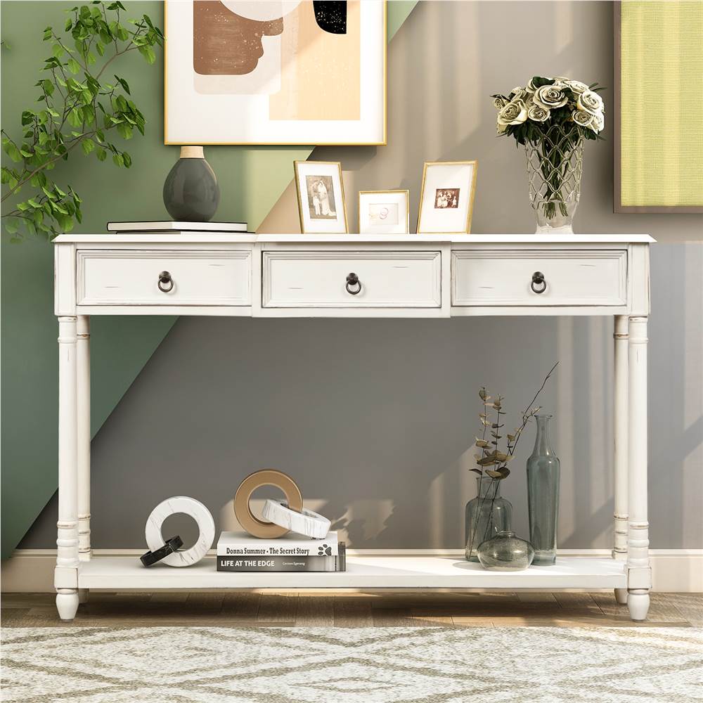 

TREXM 51'' Console Table with 3 Storage Drawers, and Bottom Shelf, for Entrance, Hallway, Dining Room, Kitchen - Antique White