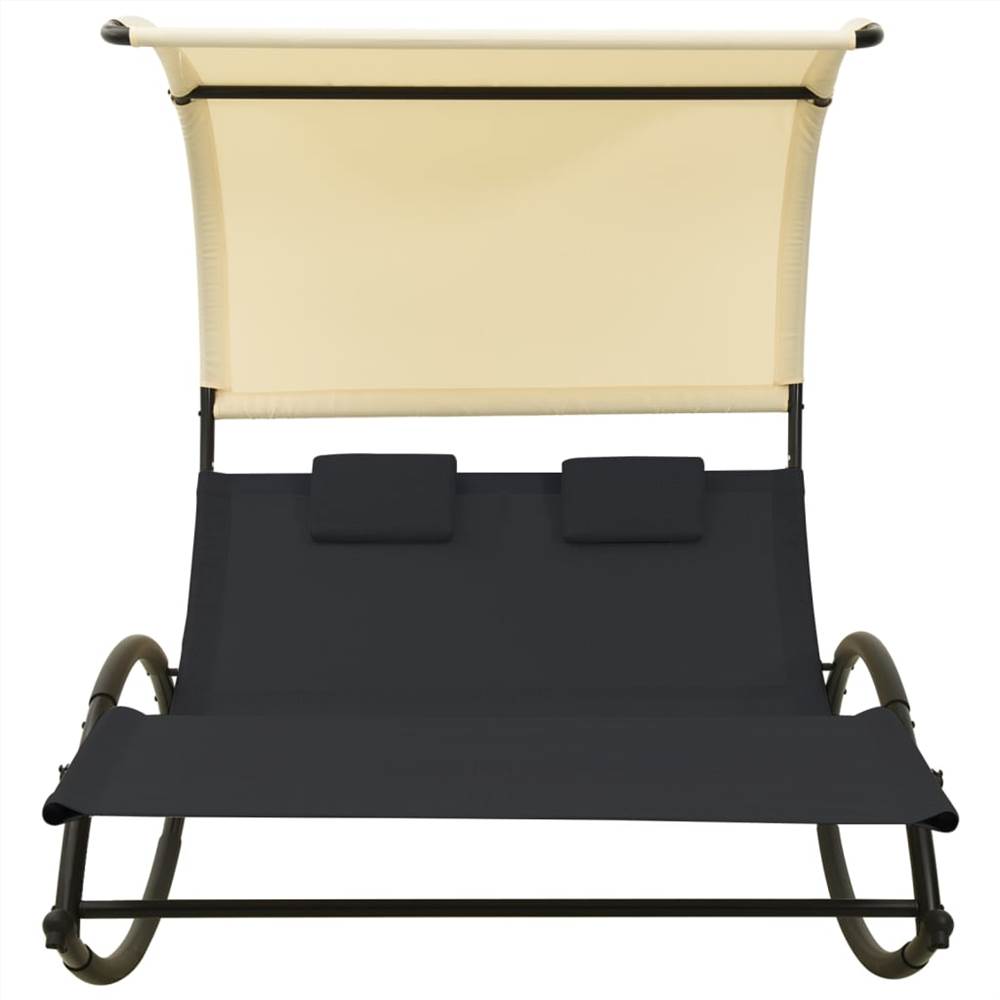 Double Sun Lounger with Canopy Textilene Black and Cream