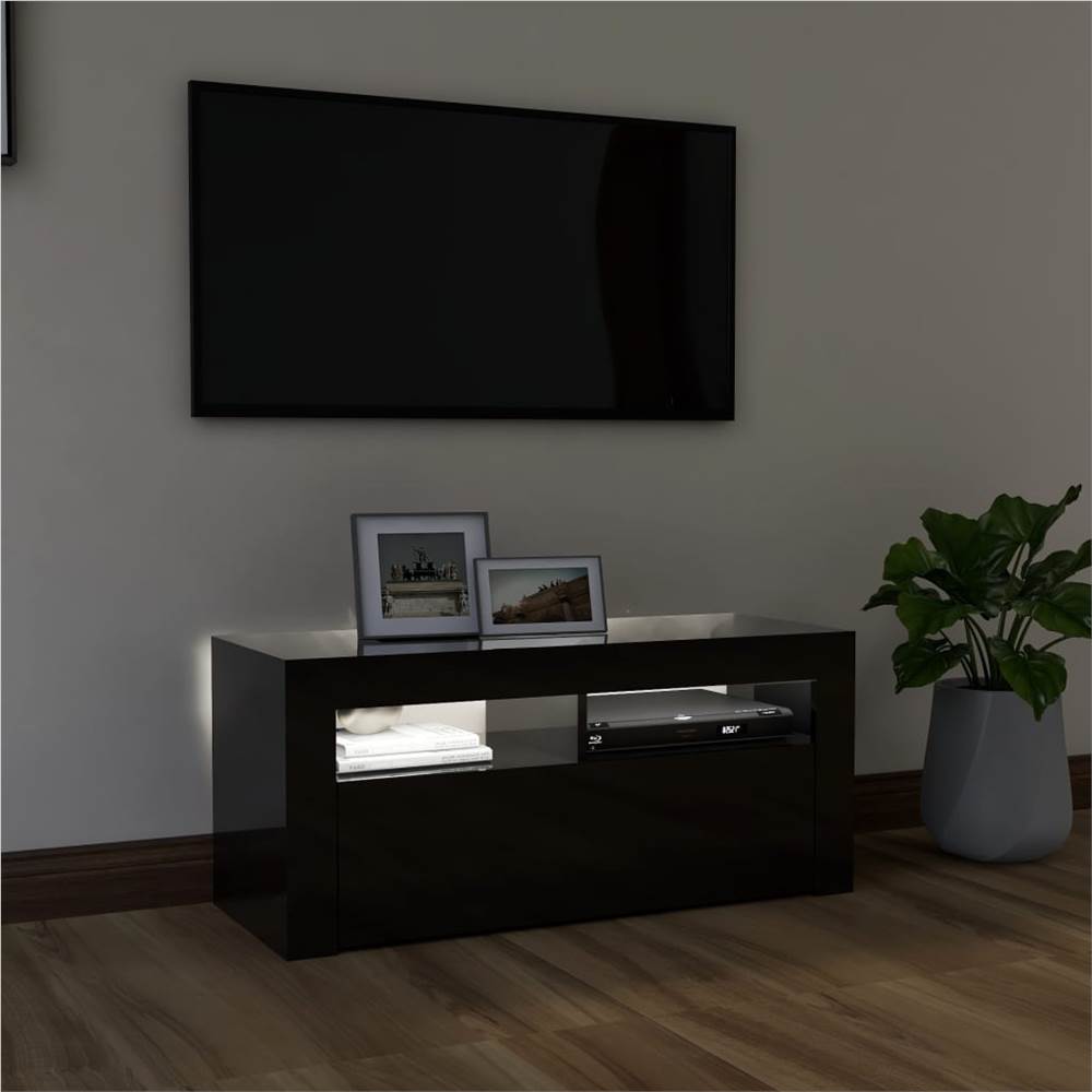 TV Cabinet with LED Lights High Gloss Black 90x35x40 cm