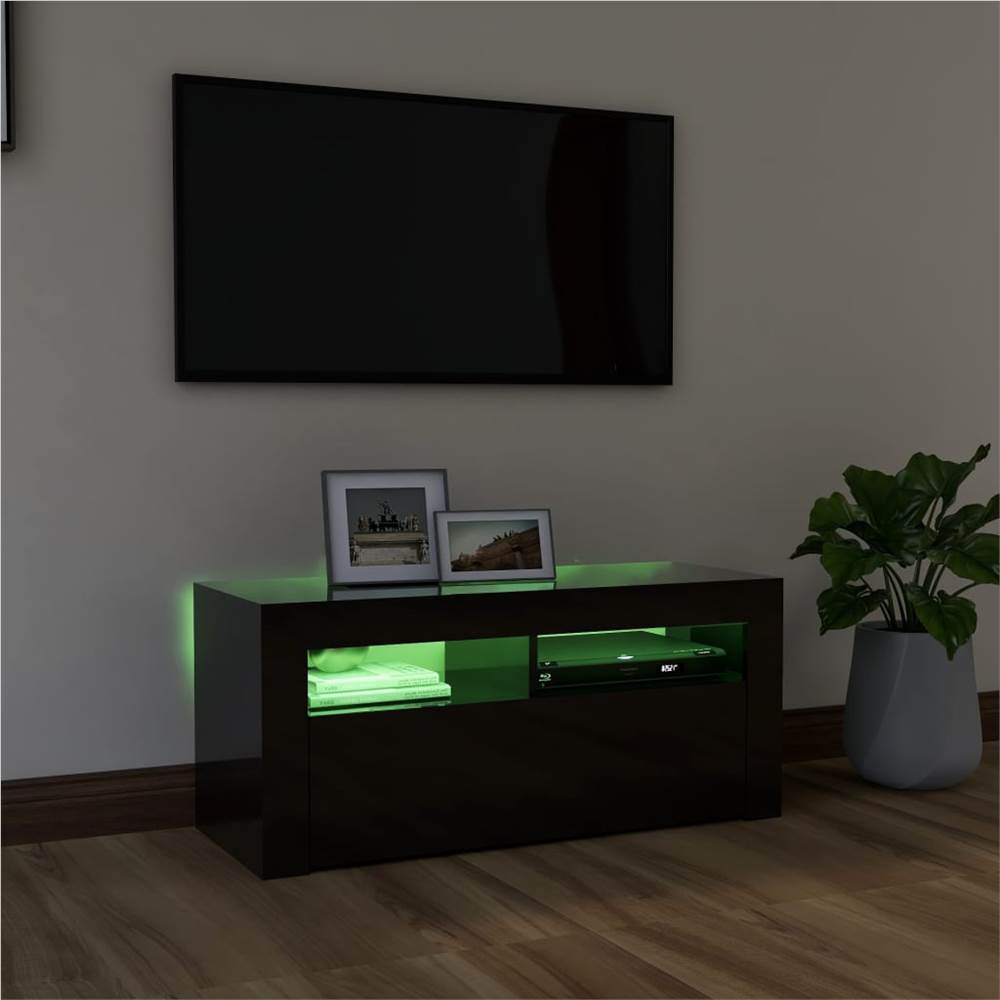 TV Cabinet with LED Lights High Gloss Black 90x35x40 cm