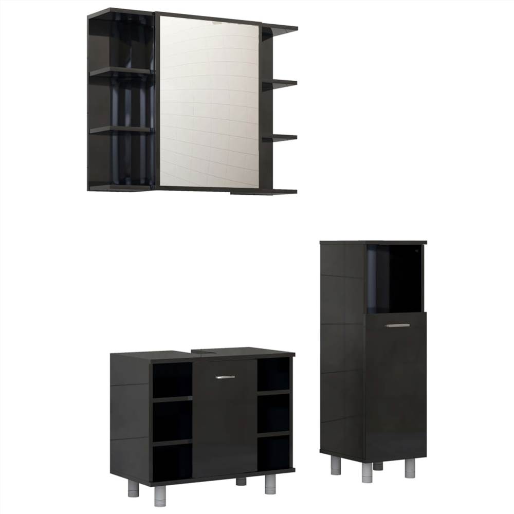 3 Piece Bathroom Furniture Set High Gloss Black Chipboard