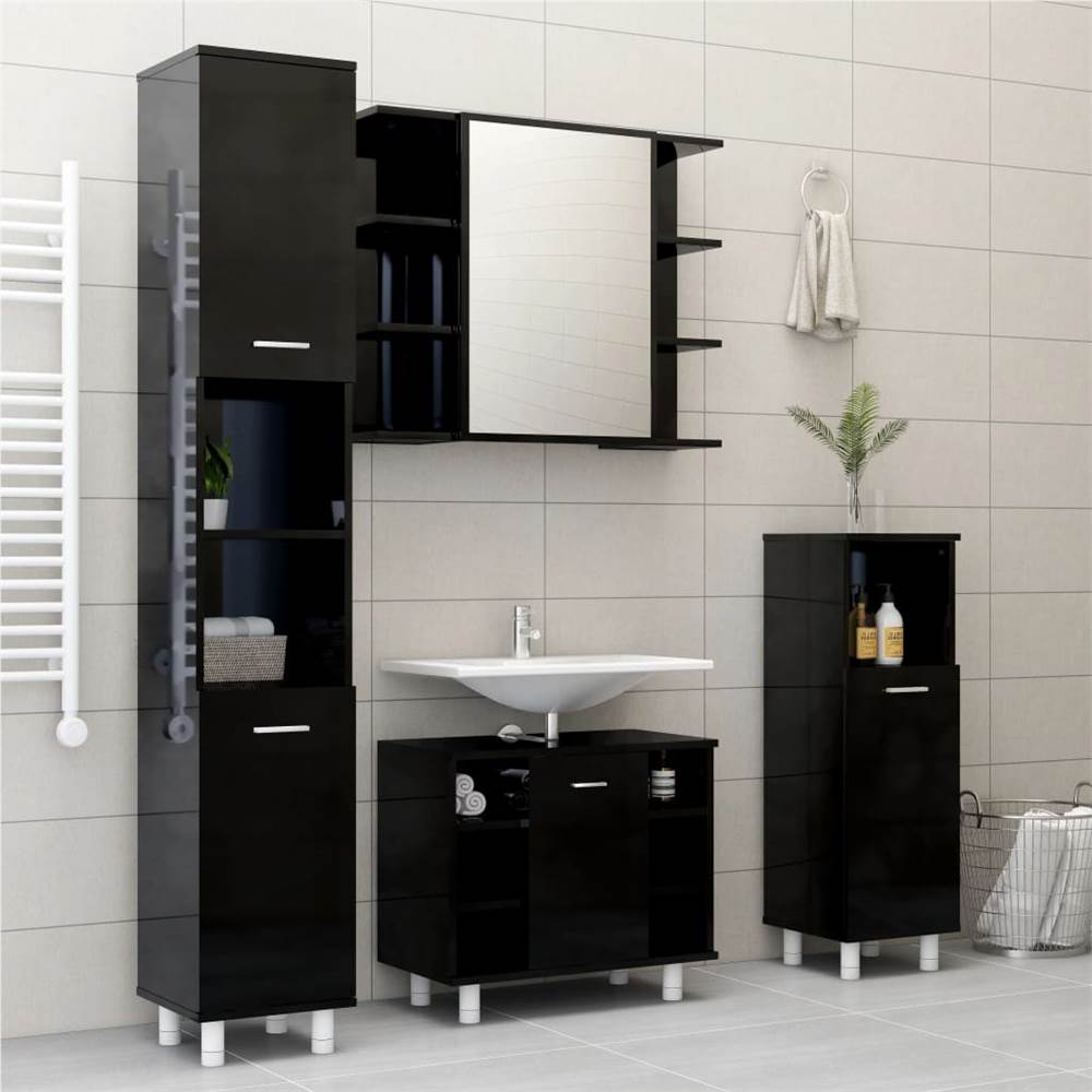 3 Piece Bathroom Furniture Set High Gloss Black Chipboard