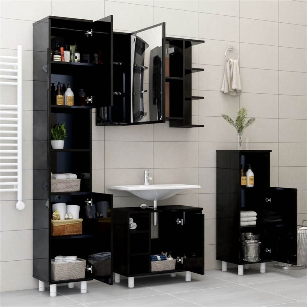 3 Piece Bathroom Furniture Set High Gloss Black Chipboard