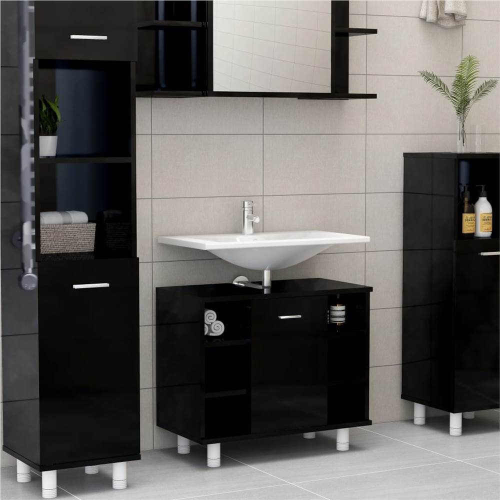 3 Piece Bathroom Furniture Set High Gloss Black Chipboard