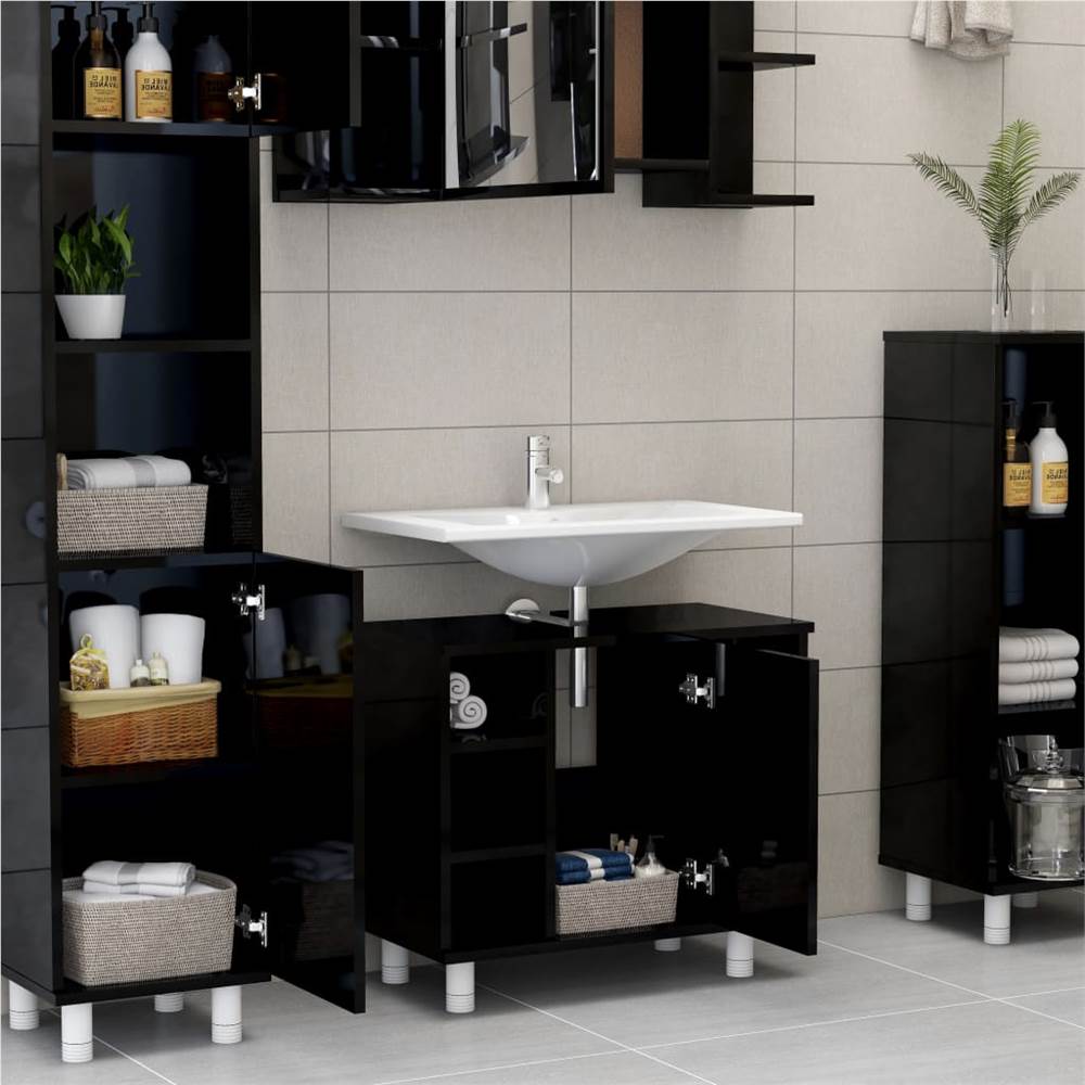 3 Piece Bathroom Furniture Set High Gloss Black Chipboard