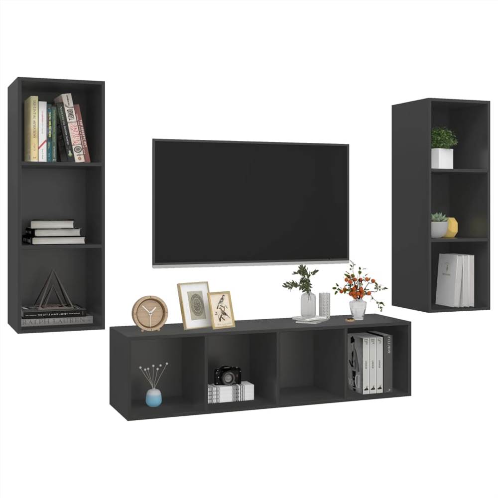 3 Piece TV Cabinet Set Grey Chipboard