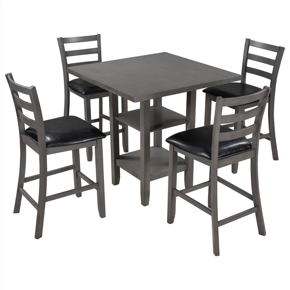 

TREXM 5 Piece Dining Set, Including 1 Square Counter Height Table with 2-Layer Storage Shelf, and 4 Padded Chairs, for Small Apartment, Studio, Kitchen - Gray