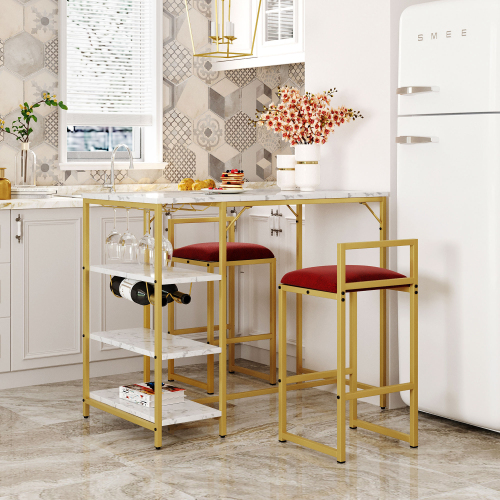 TOPMAX 3 Piece Counter Height Dining Set, Including 1 Table and 2 Upholstered Bar Stools, with 4 Glass Holders,2 Wine Racks and 3 Open Storage Shelves, for Small Places - Gold
TOPMAX 3 Piece Counter Height Dining Set, Including 1 Table and 2 Upholstered Bar Stools, with 4 Glass Holders,2 Wine Racks and 3 Open Storage Shelves, for Small Places - Gold