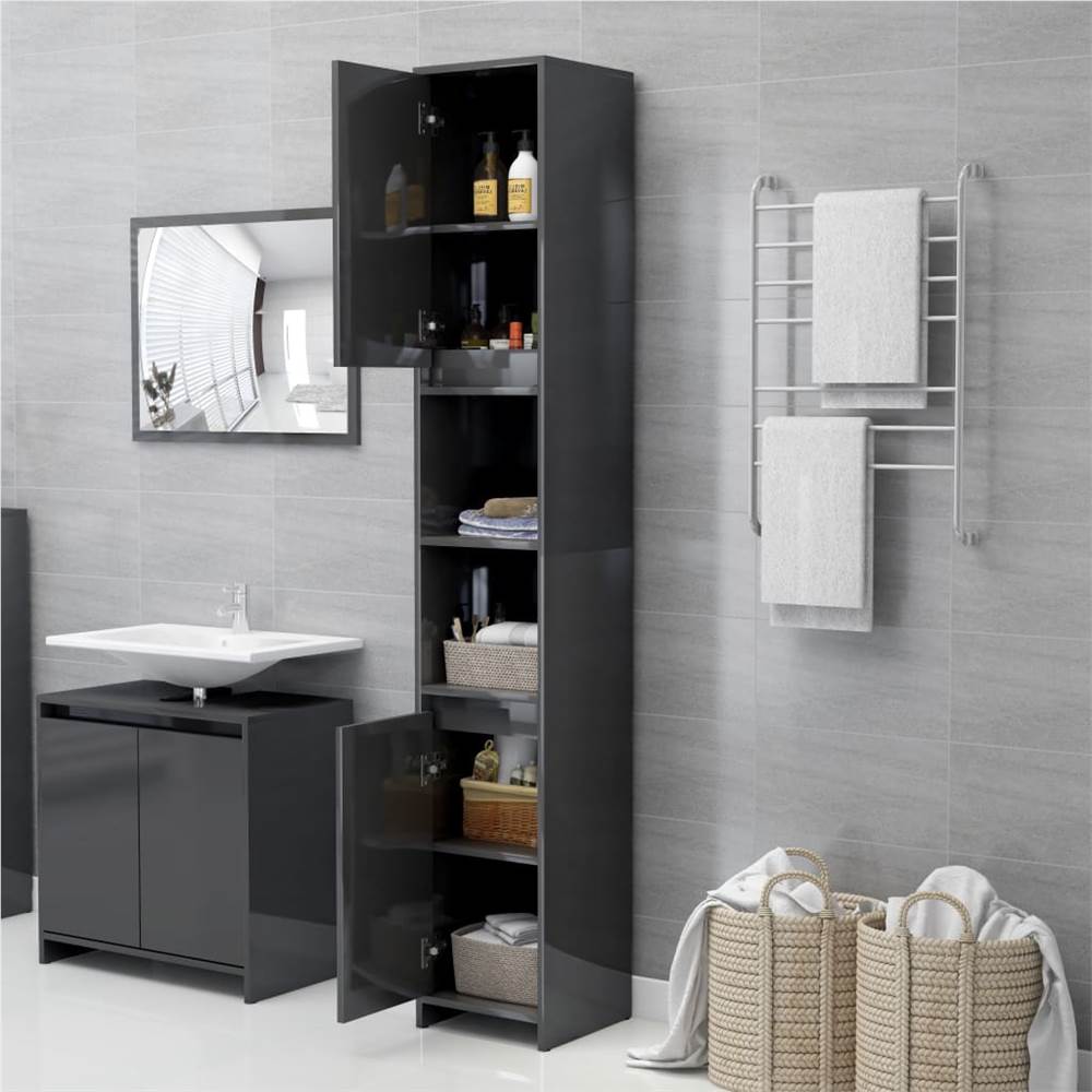 Bathroom Cabinet High Gloss Grey 30x30x183.5 cm Chipboard
