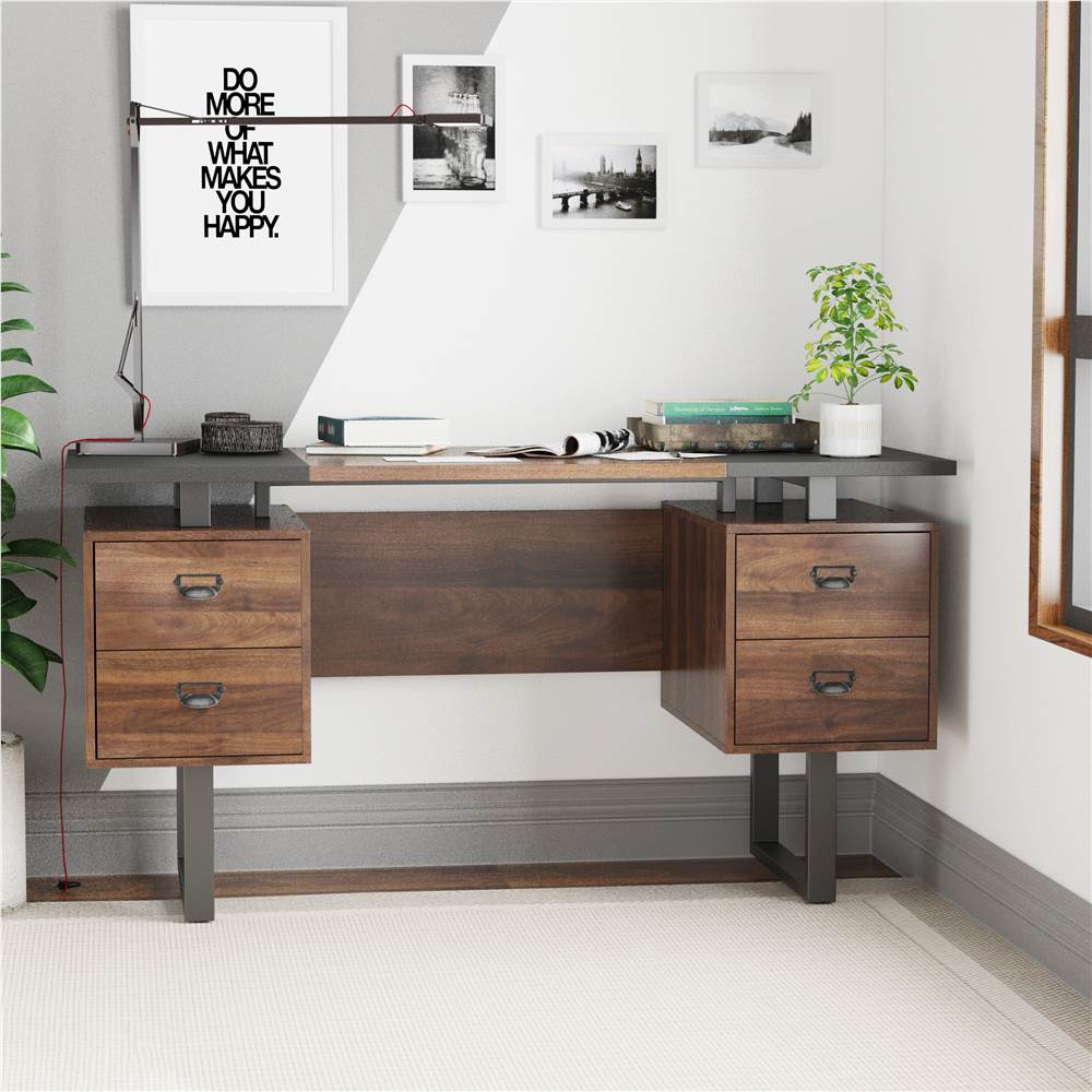 

Home Office Computer Desk with 4 Storage Drawers, MDF Tabletop and Metal Frame, for Game Room, Office, Study Room - Rustic Brown