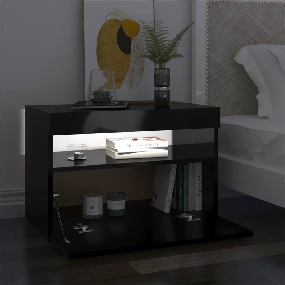 Bedside Cabinet & LED Lights High Gloss Black 60x35x40 cm