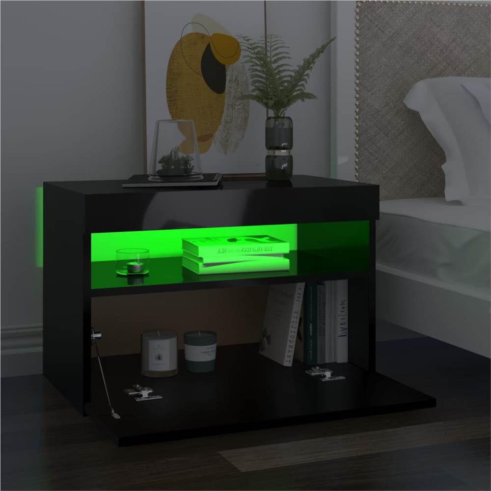 Bedside Cabinet & LED Lights High Gloss Black 60x35x40 cm