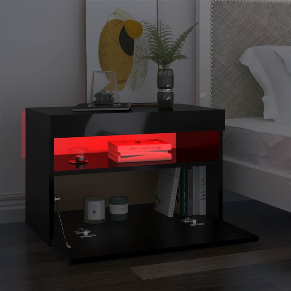 Bedside Cabinet & LED Lights High Gloss Black 60x35x40 cm