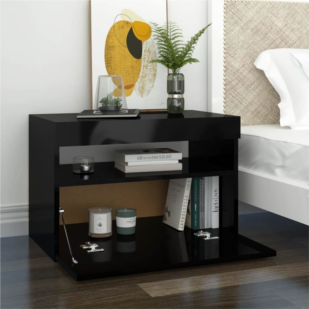 Bedside Cabinet & LED Lights High Gloss Black 60x35x40 cm