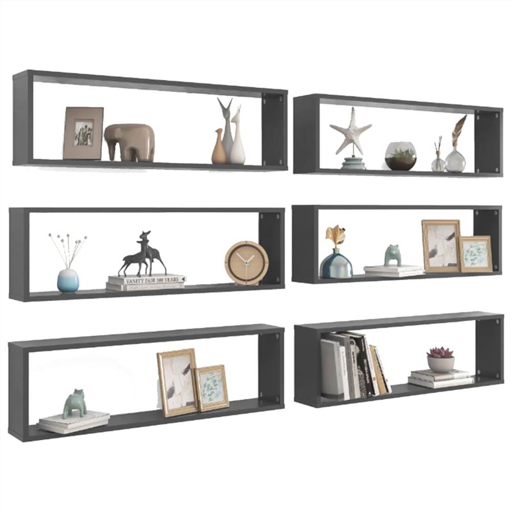 Wall Cube Shelves 6 pcs Grey 100x15x30 cm Chipboard