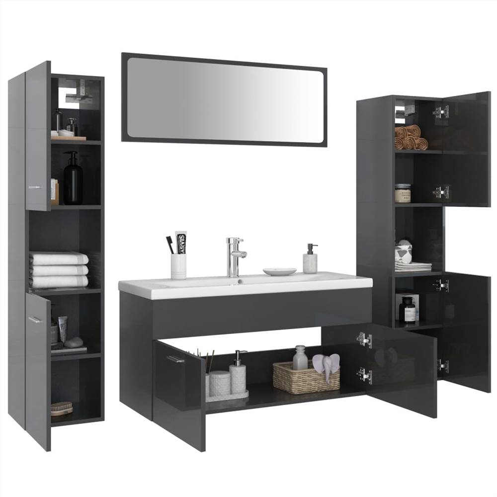 Bathroom Furniture Set High Gloss Grey Chipboard
