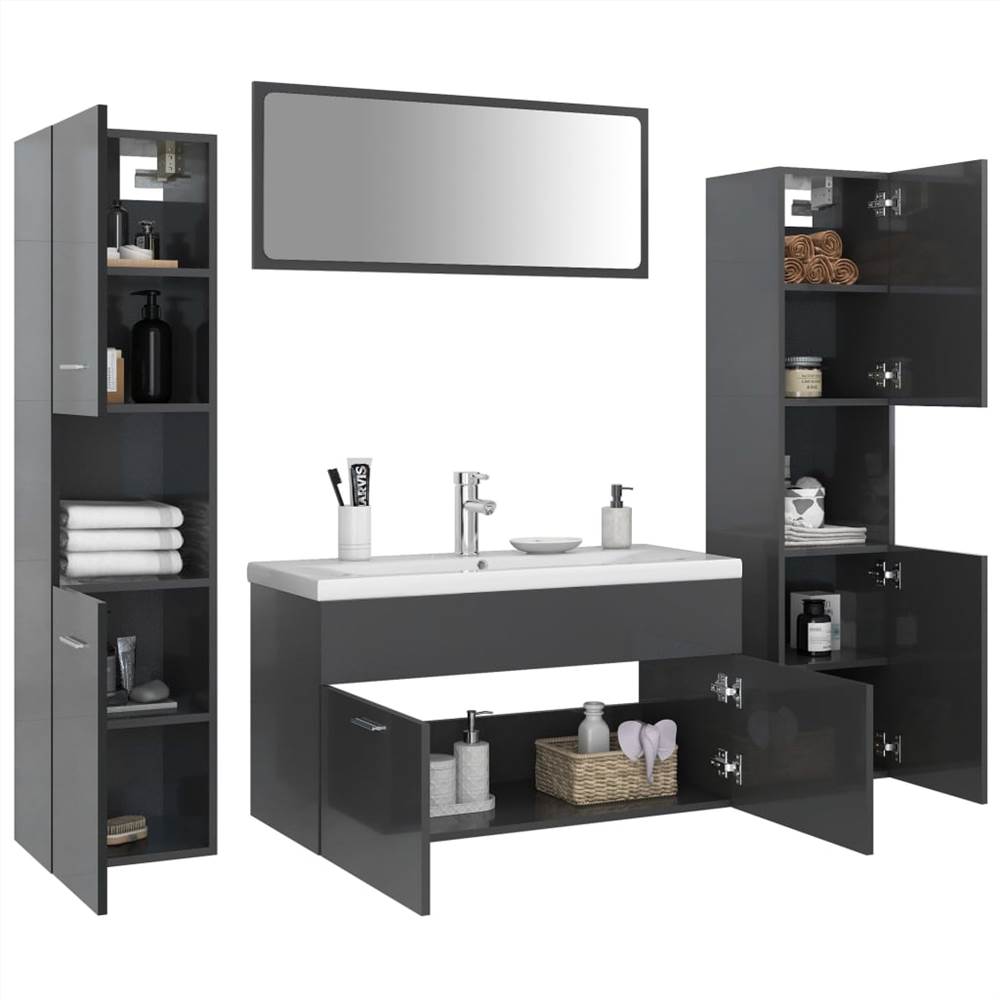 Bathroom Furniture Set High Gloss Grey Chipboard