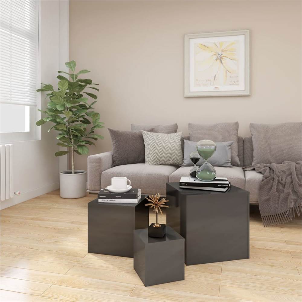 Side Tables 3 pcs High Gloss Grey Chipboard