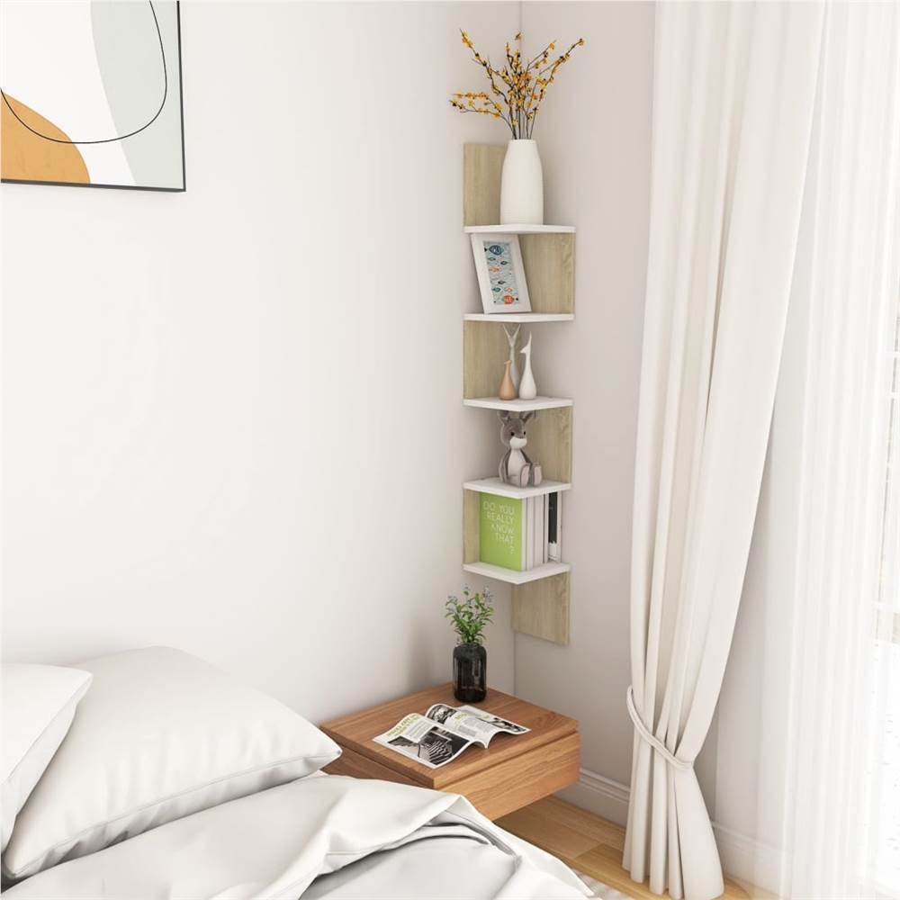 Wall Corner Shelf White and Sonoma Oak 20x20x127.5 cm Chipboard