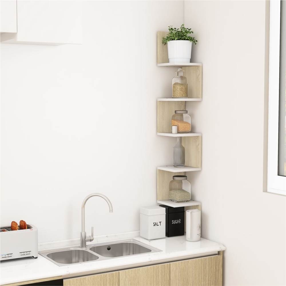 Wall Corner Shelf White and Sonoma Oak 20x20x127.5 cm Chipboard