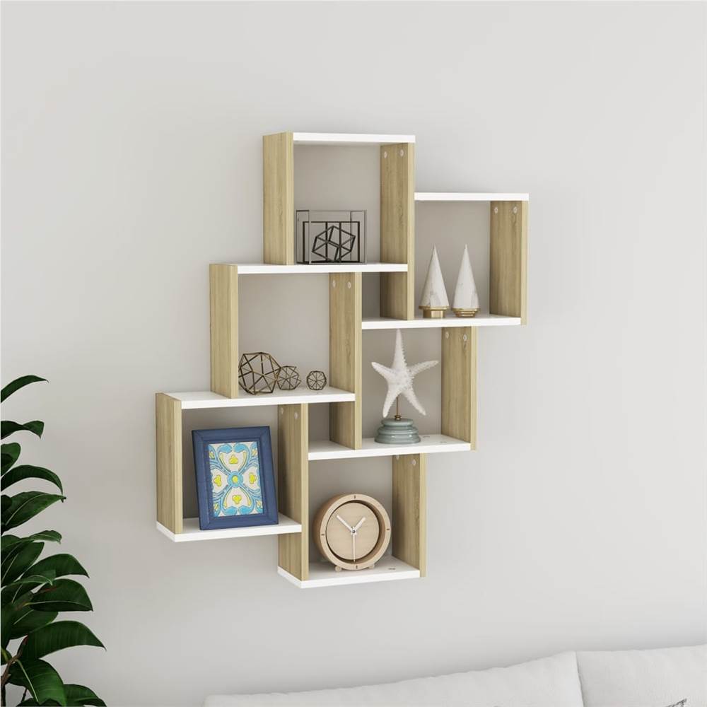 

Wall Cube Shelf White and Sonoma Oak 78x15x93 cm Chipboard