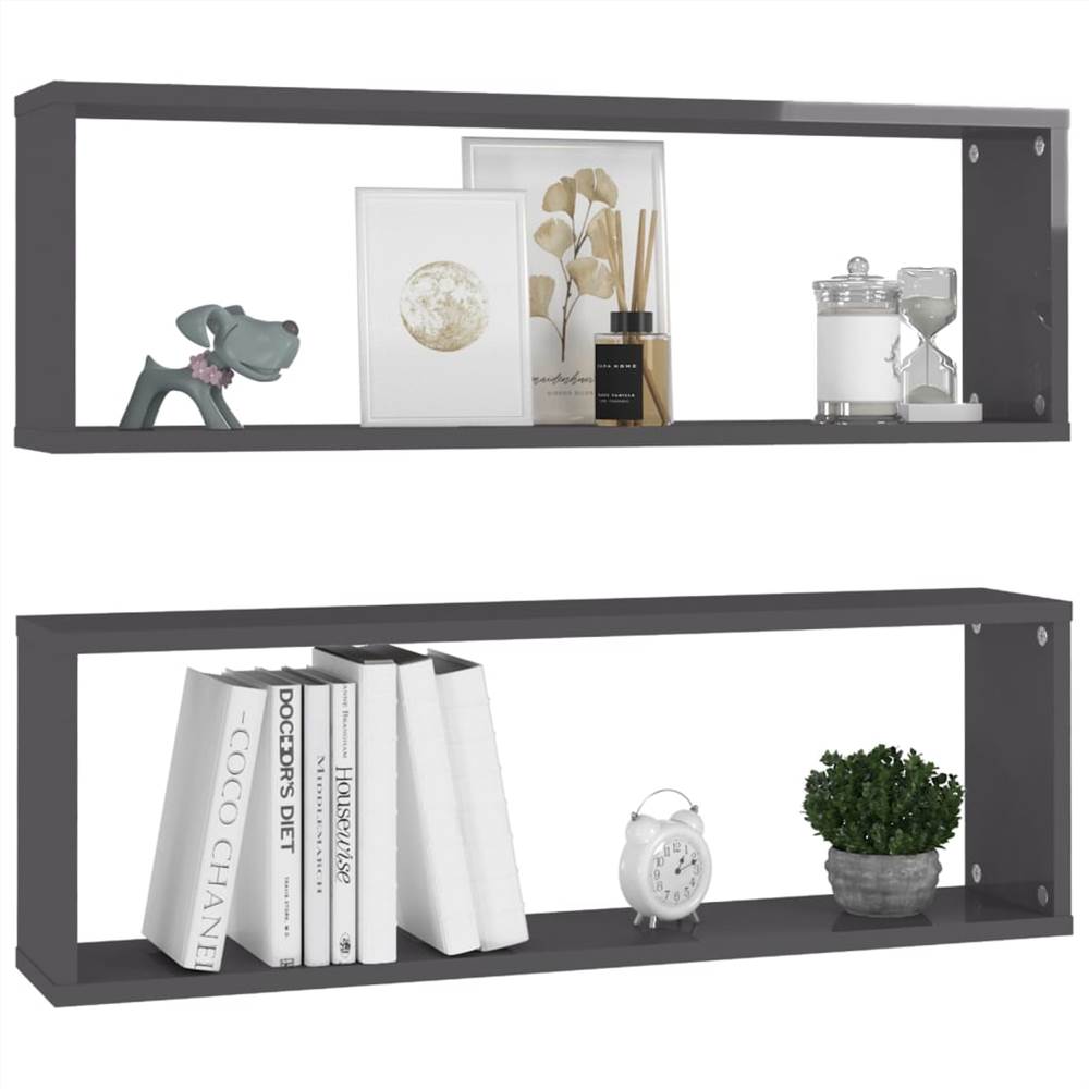 Wall Cube Shelves 2 pcs High Gloss Grey 80x15x26.5 cm Chipboard