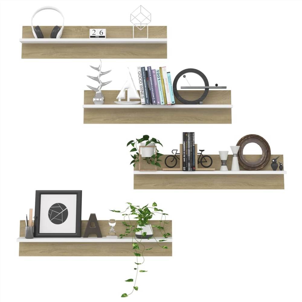 Wall Shelves 4 pcs White and Sonoma Oak 80x11.5x18 cm Chipboard