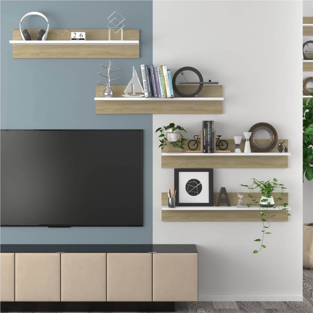Wall Shelves 4 pcs White and Sonoma Oak 80x11.5x18 cm Chipboard