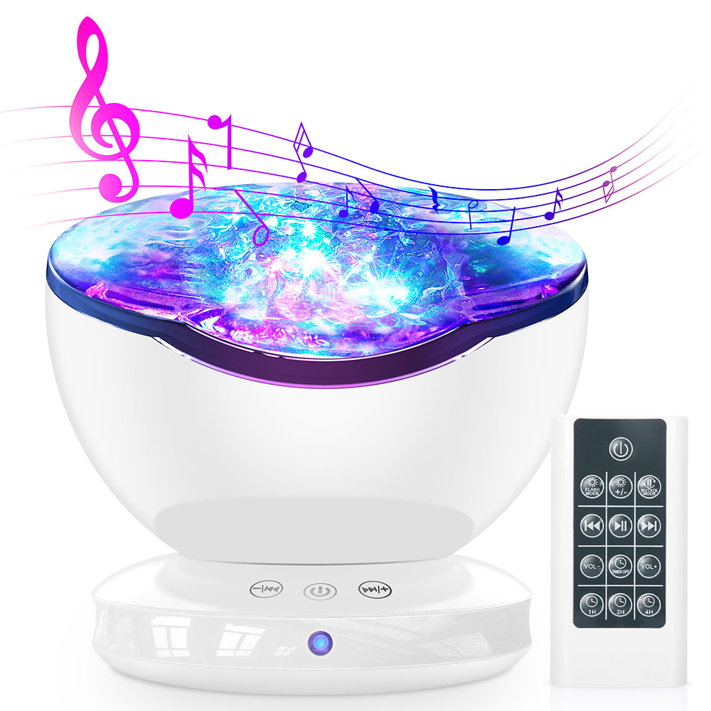 

LED Night Light Projector Lamp with Remote Control Ocean Wave 8 Color Modes 6 Music Sounds - White