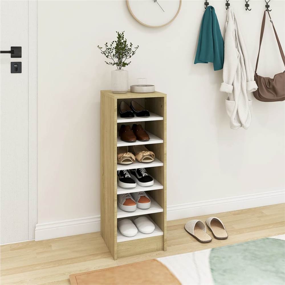 Shoe Cabinet White and Sonoma Oak 31.5x35x90 cm Chipboard
