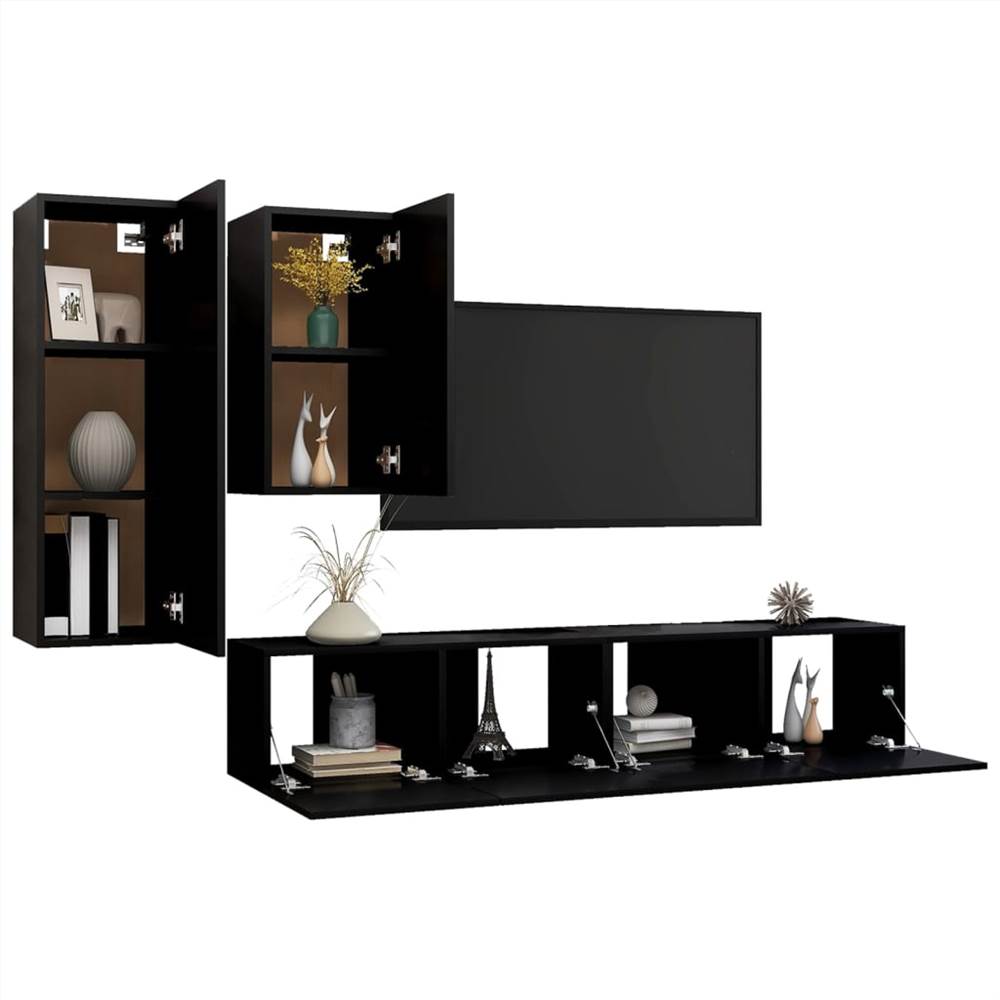 4 Piece TV Cabinet Set Black Chipboard