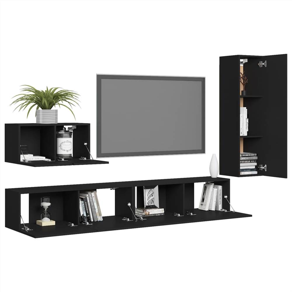 4 Piece TV Cabinet Set Black Chipboard