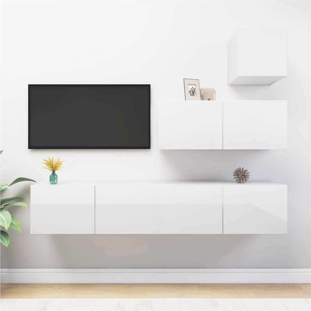 4 Piece TV Cabinet Set High Gloss White Chipboard
