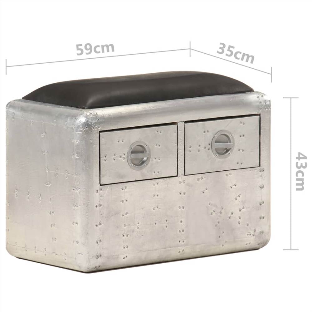 Aviator Bench 59 cm Silver and Black Real Leather