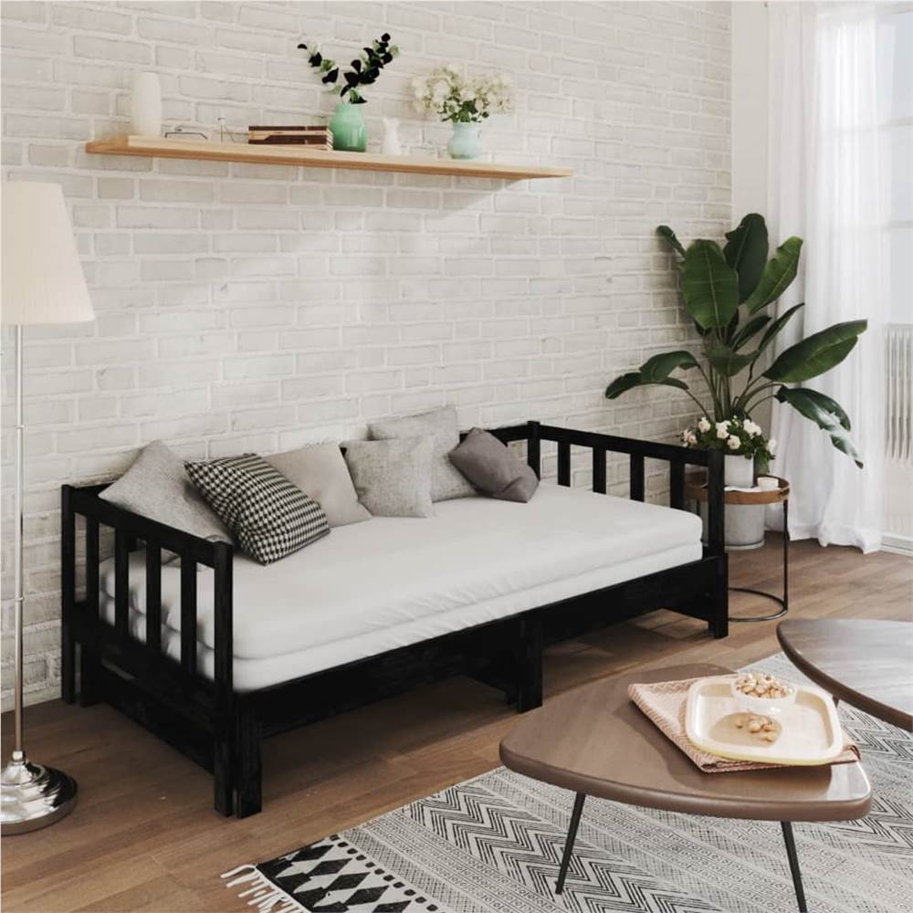 Pull-out Day Bed Black Solid Pinewood 2x