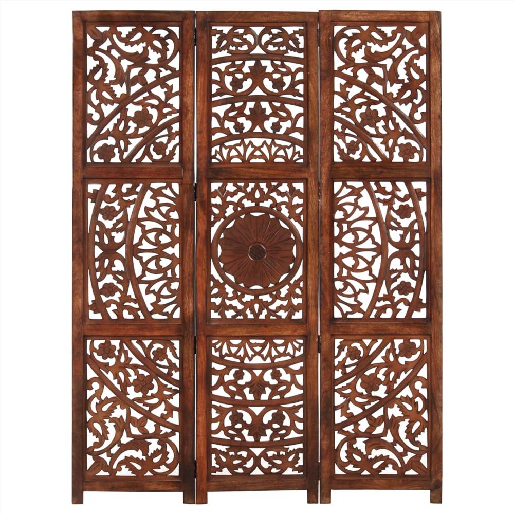 Hand carved 3-Panel Room Divider Brown 120x165 cm Solid Mango Wood