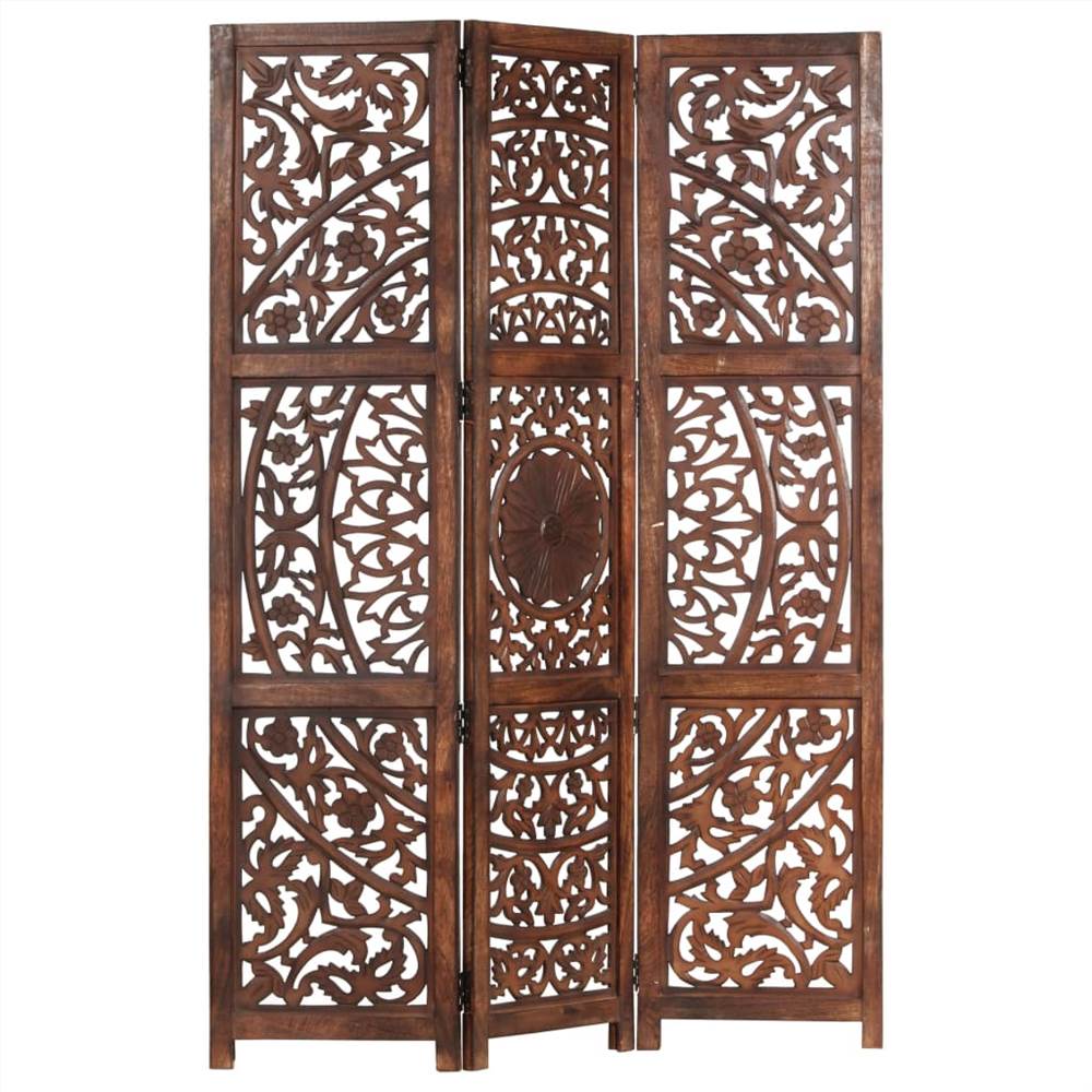 Hand carved 3-Panel Room Divider Brown 120x165 cm Solid Mango Wood