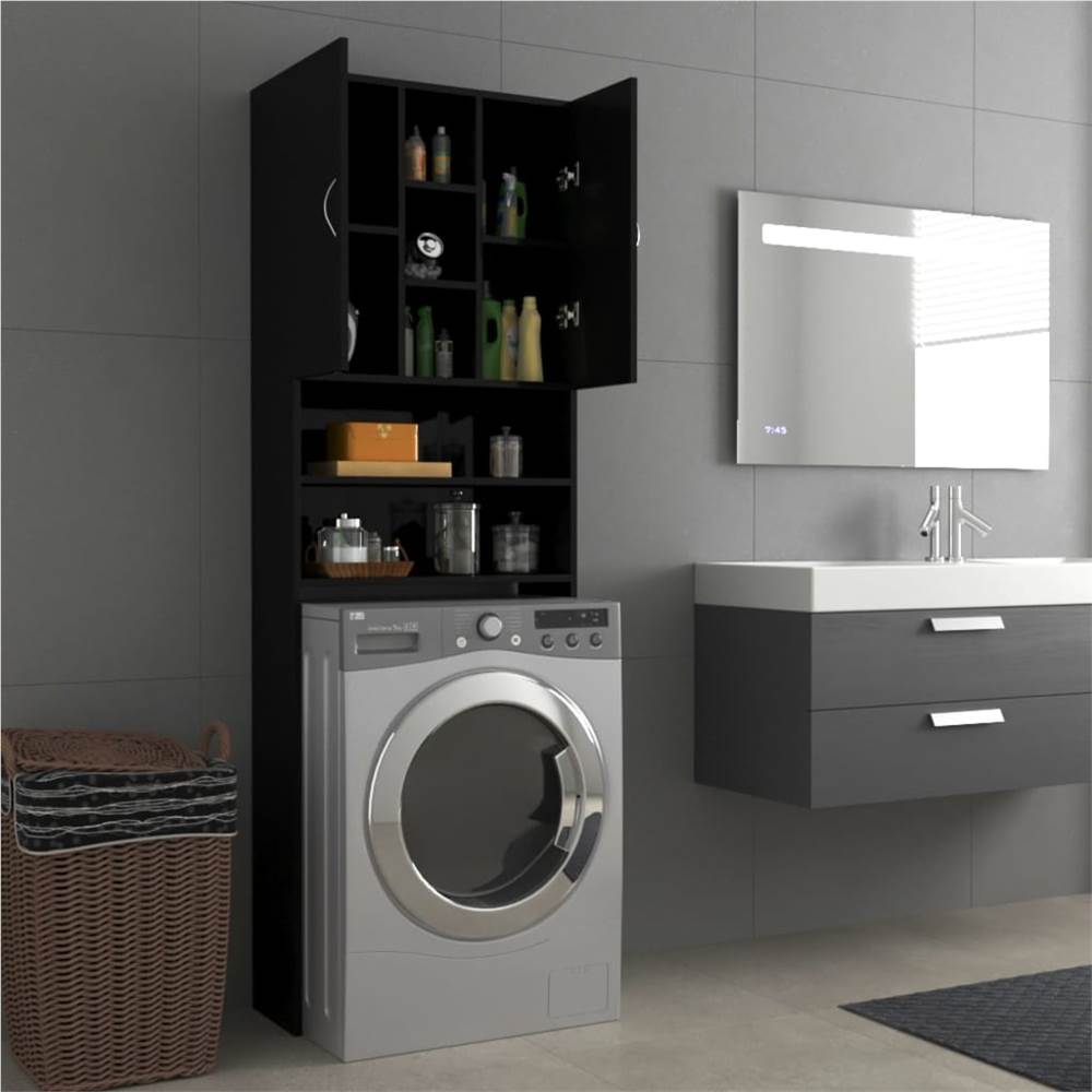 Washing Machine Cabinet High Gloss Black 64x25.5x190 cm