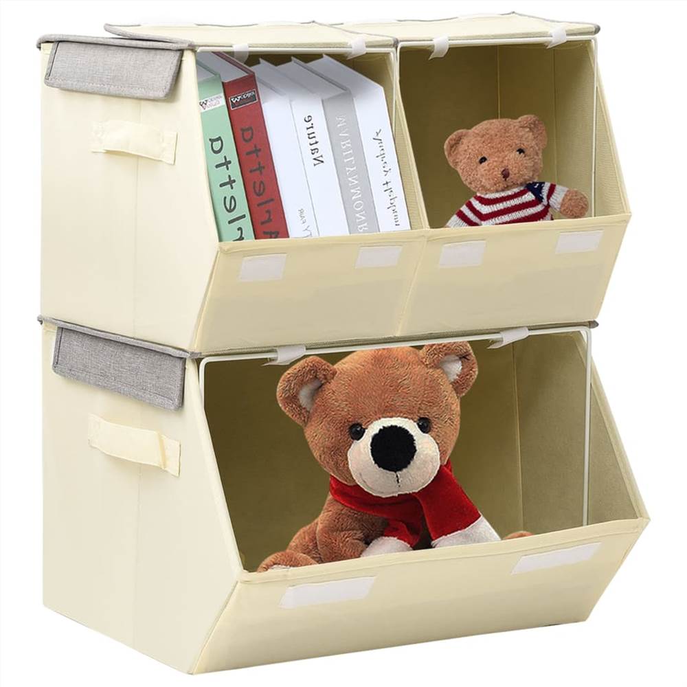Stackable Storage Box Set of 3 Pieces Fabric Grey & Cream