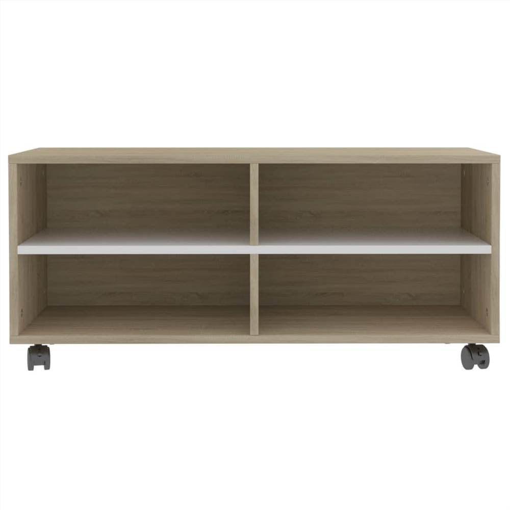 TV Cabinet with Castors White and Sonoma Oak 90x35x35 cm Chipboard