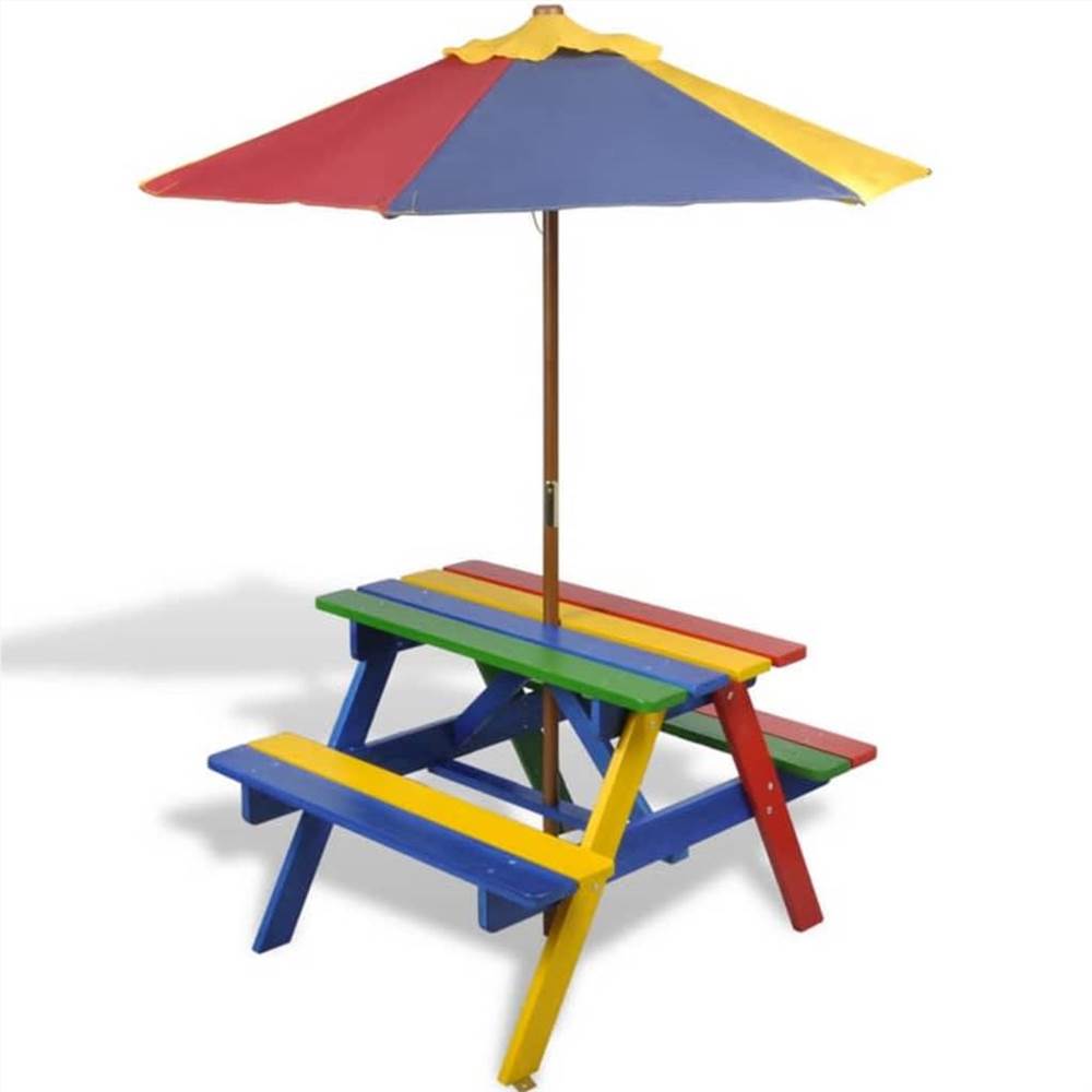 Kids Picnic Table with Benches and Parasol Multicolour Wood