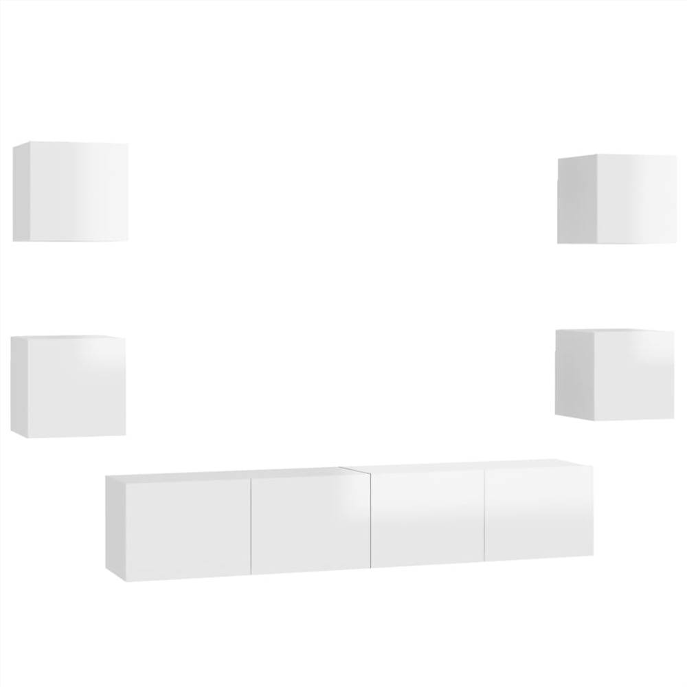 6 Piece TV Cabinet Set High Gloss White Chipboard