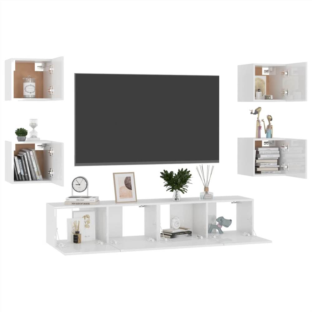 6 Piece TV Cabinet Set High Gloss White Chipboard