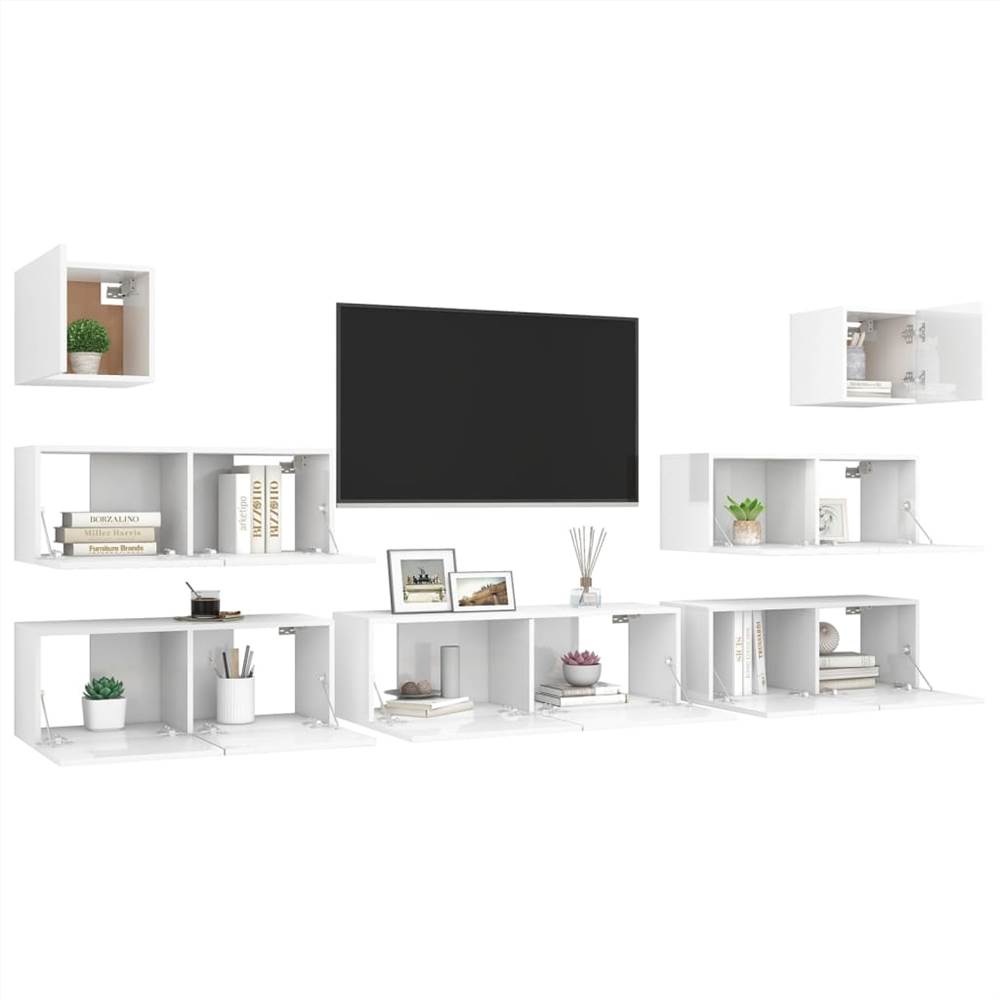 7 Piece TV Cabinet Set High Gloss White Chipboard