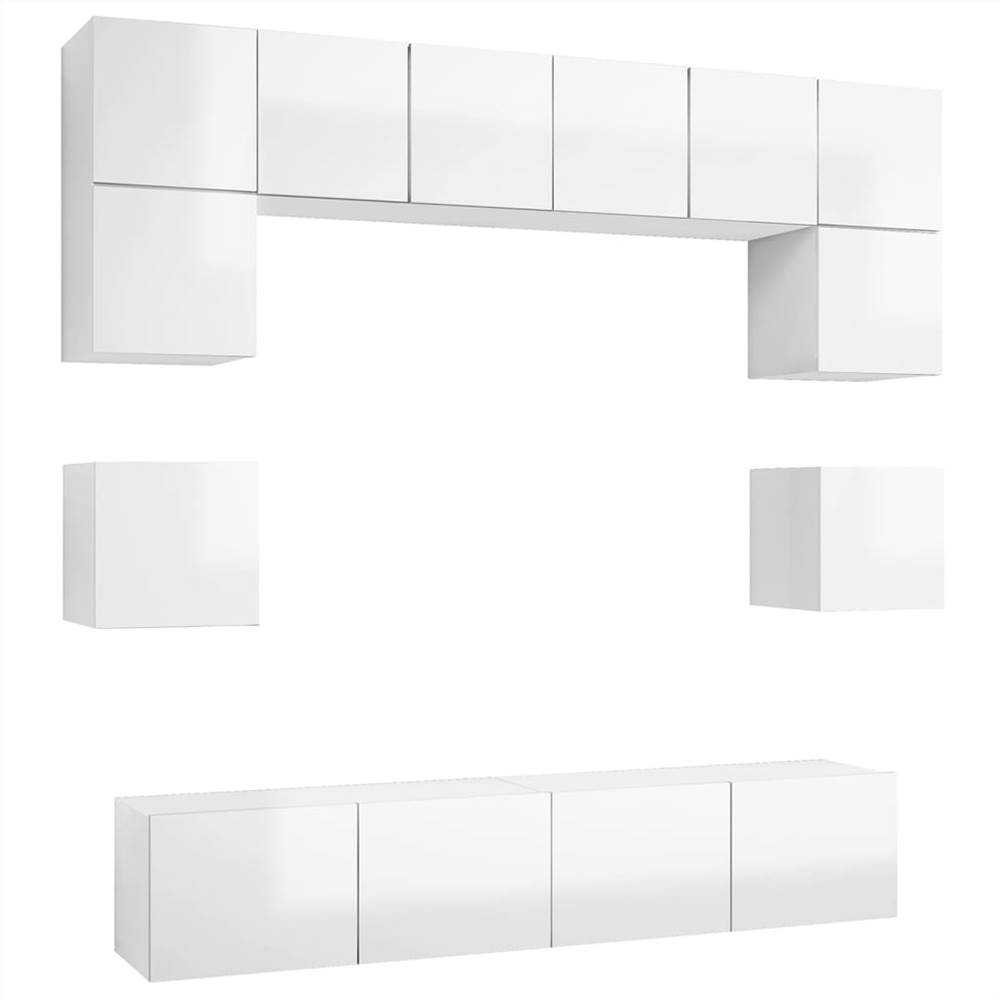8 Piece TV Cabinet Set High Gloss White Chipboard