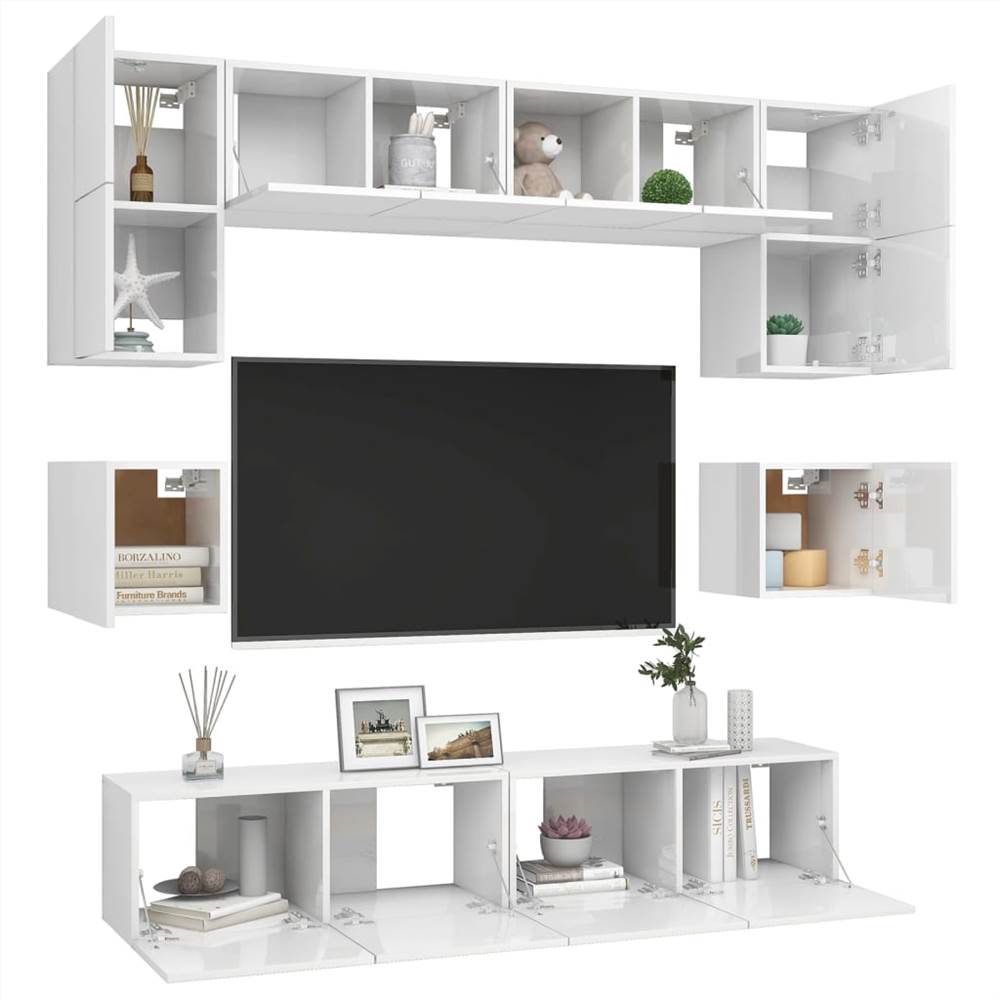 8 Piece TV Cabinet Set High Gloss White Chipboard