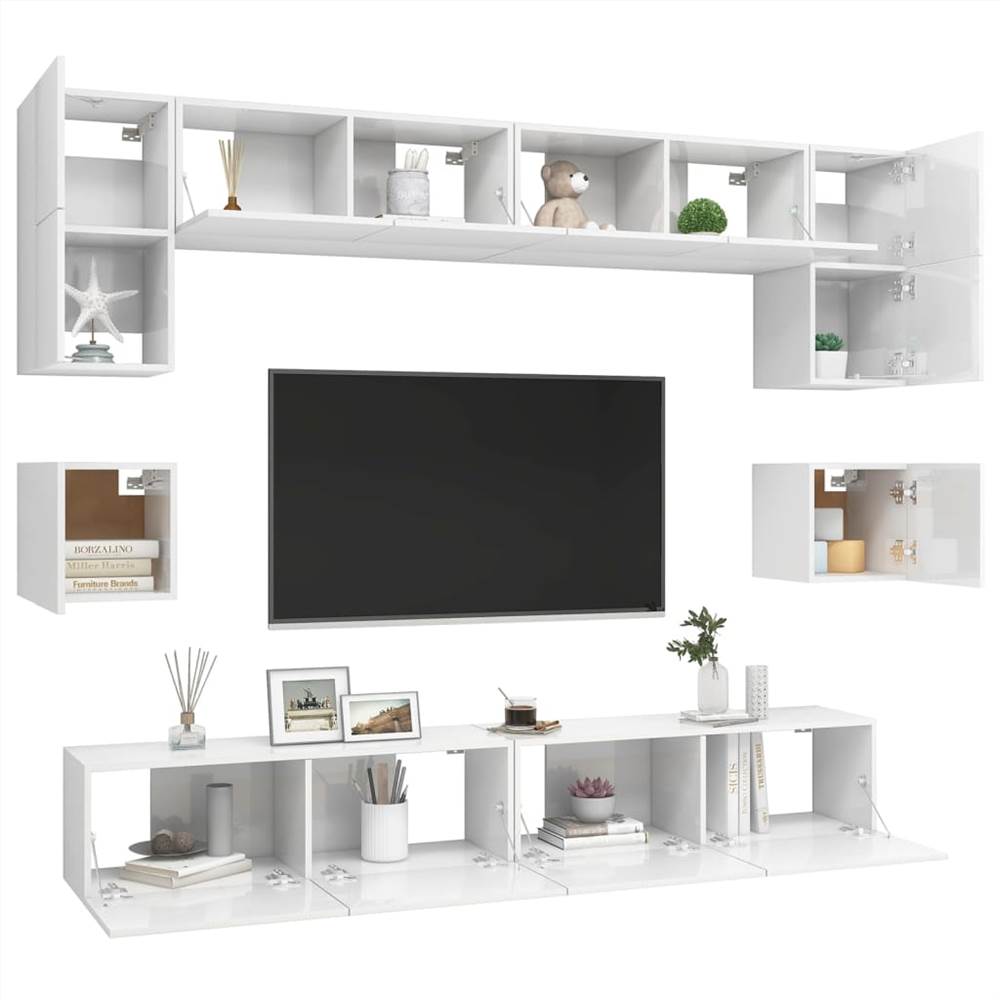8 Piece TV Cabinet Set High Gloss White Chipboard